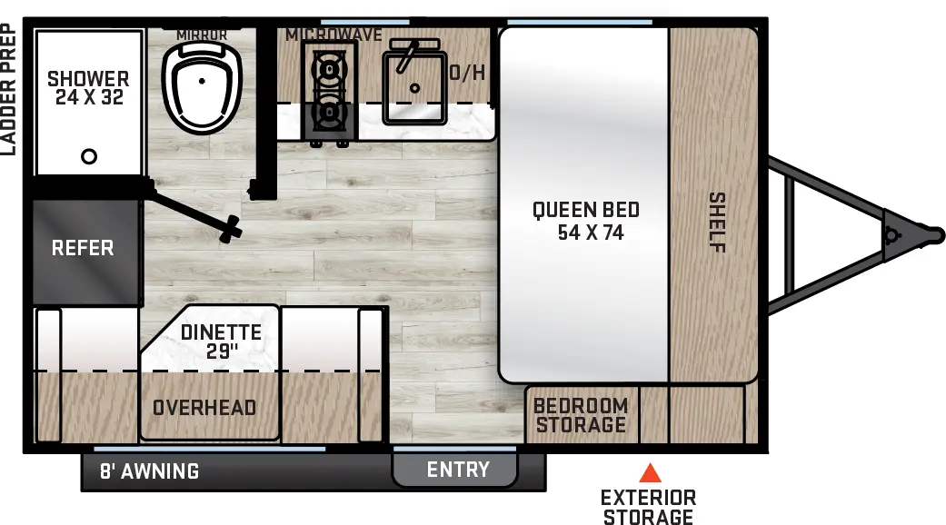 The Aurora 13RDX floorplan has one entry and zero slide outs. Exterior features include: metal exterior and 8' awning. Interiors features include: front bedroom.